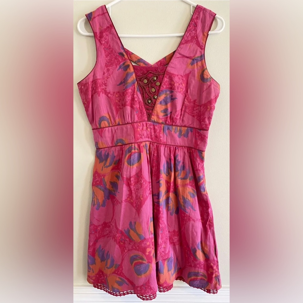 Free People Vintage Inspired Cotton Dress Pink Floral Boho Indian Lace Trim Sz 6